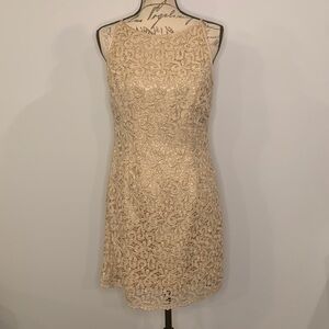 Jessica McClintock vintage metallic gold lace overlay sheath dress 8